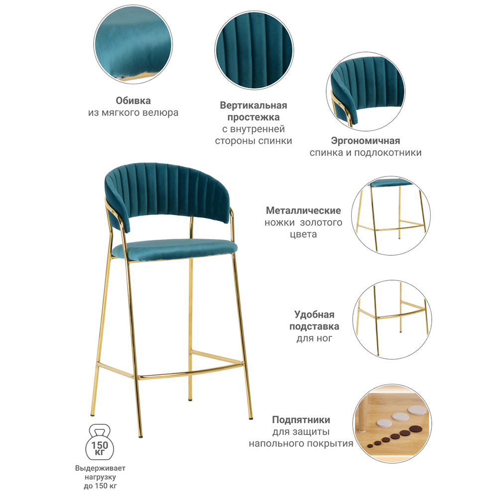 Комплект из 2-х стульев полубарных Turner бирюзовый с золотыми ножками