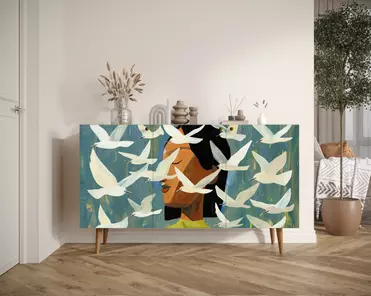 Комод с тремя дверками "Девушка и чайки" арт BB01/Art05