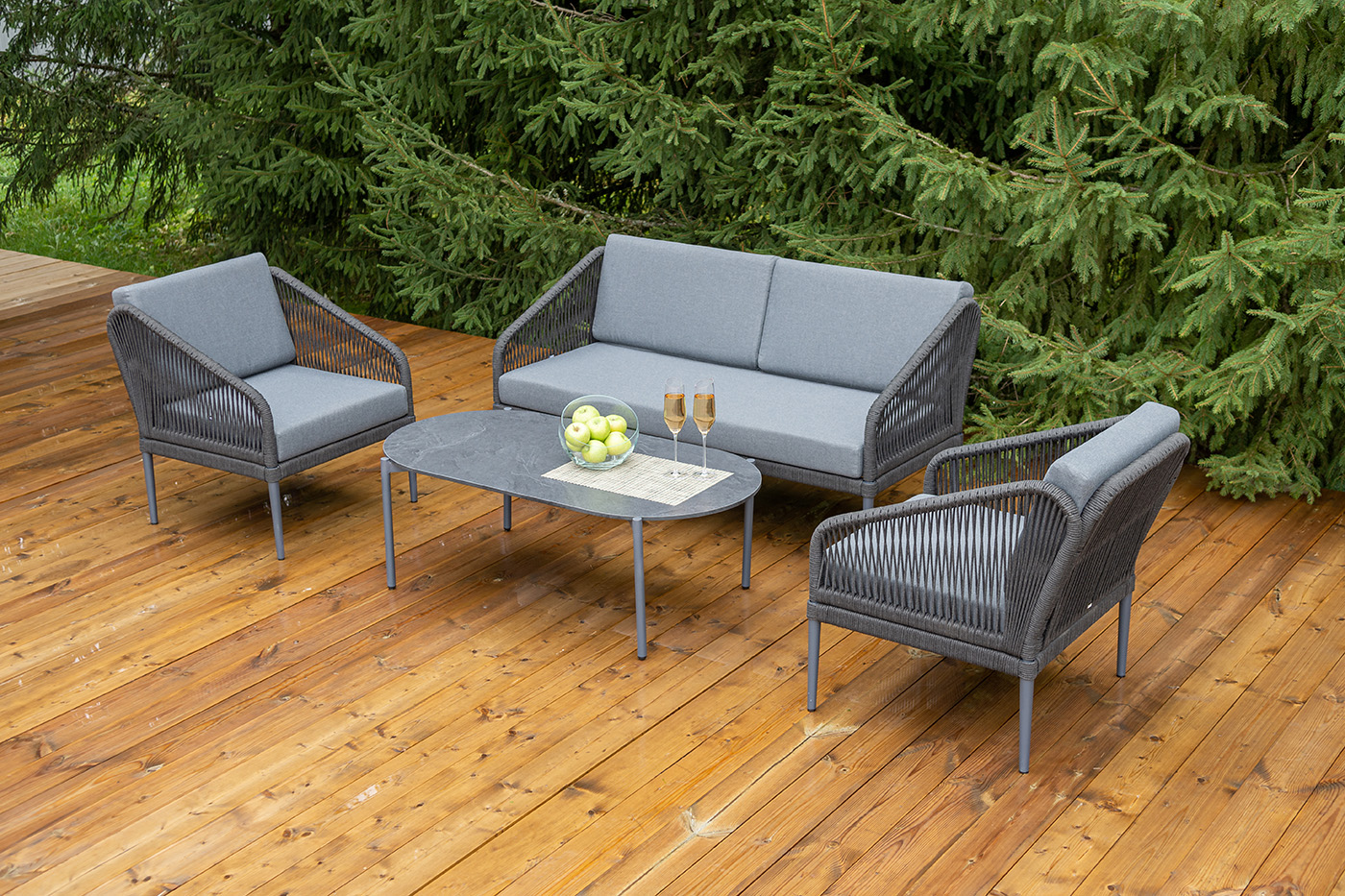 "Канны" лаунж-зона 4-местная из роупа со столиком "Диего" цвета "серый гранит", роуп темно-серый круглый, ткань темно-серая