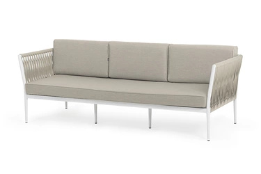 "Касабланка" диван 3-местный плетеный из роупа, каркас алюминий белый муар, роуп бежевый 20мм, ткань бежевая 15052