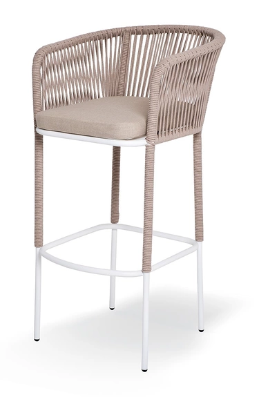 "Марсель" стул барный плетеный из роупа, каркас из стали светло-серый (RAL7035) муар, роуп бежевый круглый, ткань Mossle бежевая, пос.H65