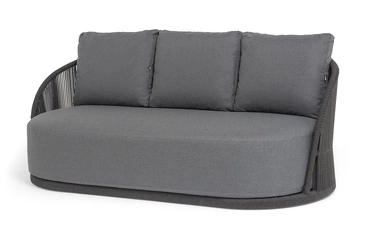 "Монтелла" диван 3-местный плетеный из роупа, каркас алюминий темно-серый (RAL7024) муар, роуп темно-серый круглый, ткань темно-серая 027