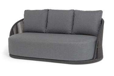 "Монтелла" диван 3-местный плетеный из роупа, каркас алюминий темно-серый (RAL7024) муар, роуп темно-серый круглый, ткань темно-серая 027