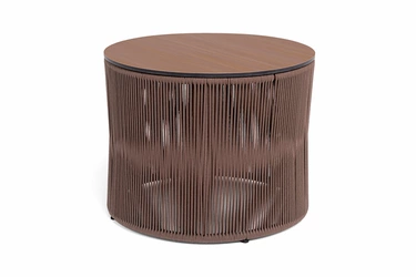 "Авиньон" журнальный стол из HPL круглый Ø70 H55, каркас из алюминия коричневый (RAL8016) муар, цвет "дуб", роуп коричневый круглый