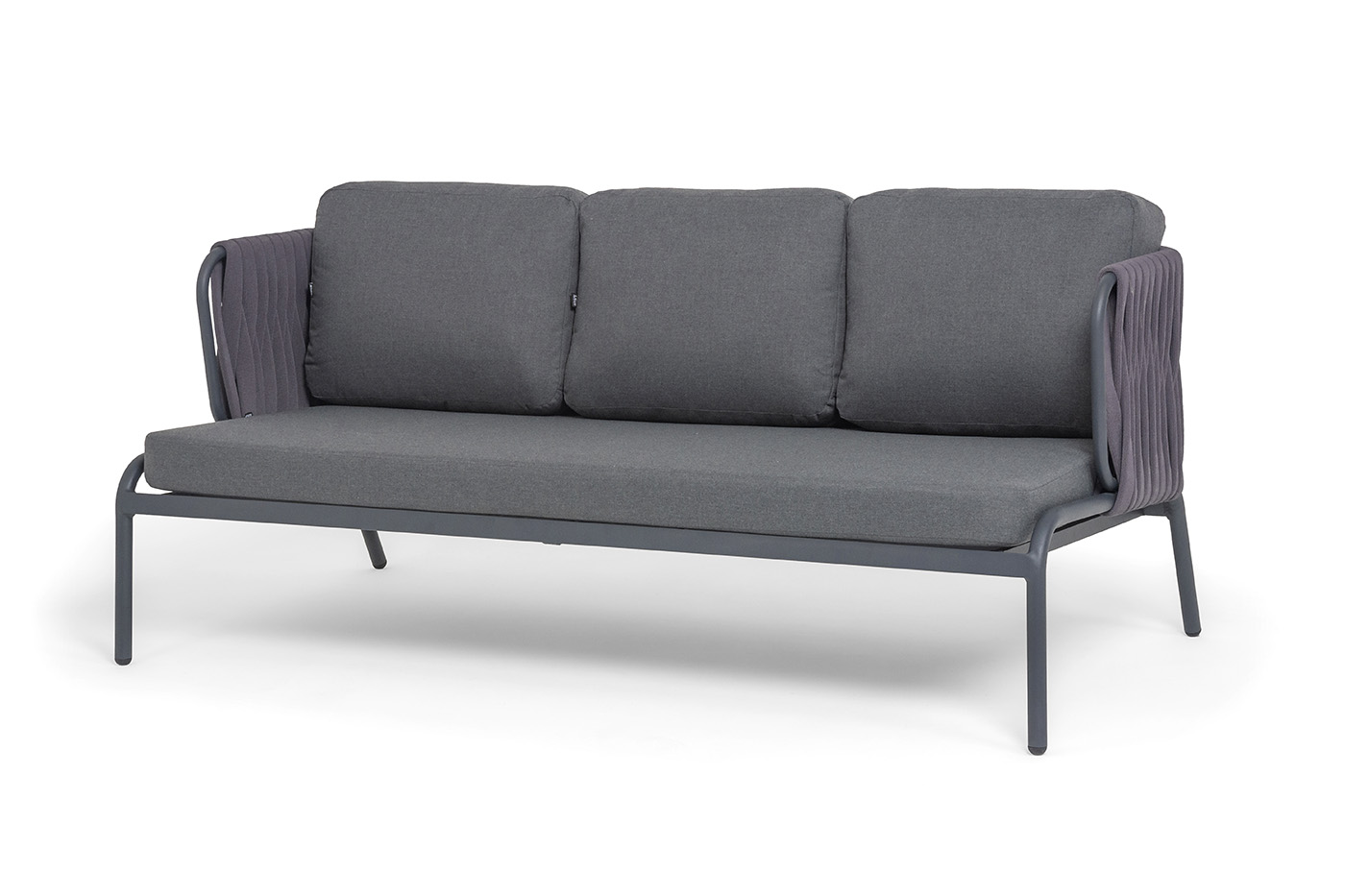 "Лугано" диван 3-местный плетеный из роупа, каркас алюминий темно-серый (RAL7024) муар, роуп темно-серый круглый, ткань темно-серая YB25-0027