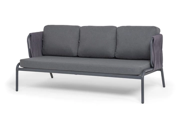 "Лугано" диван 3-местный плетеный из роупа, каркас алюминий темно-серый (RAL7024) муар, роуп темно-серый круглый, ткань темно-серая YB25-0027