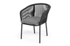 "Марсель" стул плетеный из роупа, каркас алюминий черный муар, роуп темно-серый круглый, ткань темно-серая 027