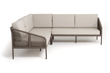"Канны" диван модульный плетеный из роупа, каркас алюминий коричневый (RAL8016) муар, роуп коричневый круглый, ткань бежевая 15052