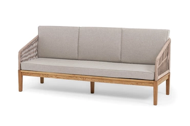 "Канны" диван 3-местный плетеный из роупа, основание дуб, роуп бежевый круглый, ткань бежевая 15052