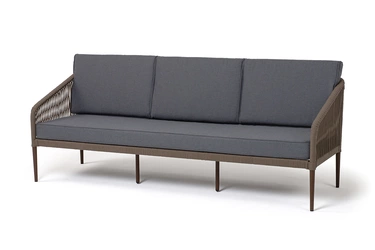 "Канны" диван 3-местный плетеный из роупа, каркас алюминий темно-серый (RAL7024) шагрень, роуп темно-серый круглый, ткань темно-серая 019