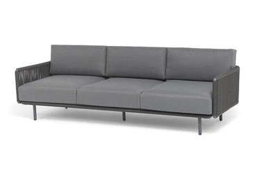 "Джелло" диван 3-местный плетеный из роупа, каркас алюминий темно-серый (RAL7024) муар, роуп темно-серый круглый, ткань темно-серая 027