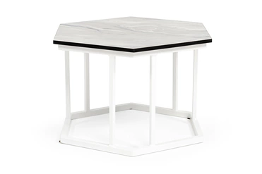 "Женева" интерьерный стол из HPL шестиугольный, D50, H35, цвет "мрамор пепел", каркас из стали белый муар