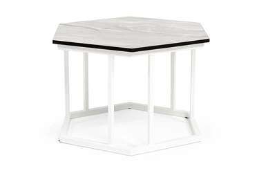 "Женева" интерьерный стол из HPL шестиугольный, D50, H35, цвет "мрамор пепел", каркас из стали белый муар