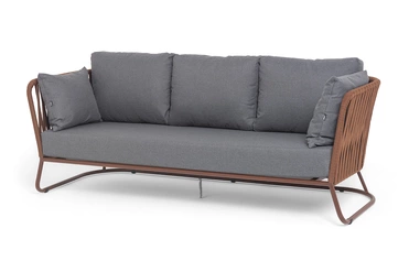 "Багамы" диван 3-местный плетеный из роупа, каркас алюминий бежево-серый (RAL7006) муар, роуп серо-коричневый 23мм, ткань светло-серая