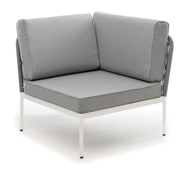 "Канны" угловой модуль плетеный из роупа, каркас алюминий белый муар, роуп светло-серый круглый, ткань светло-серая