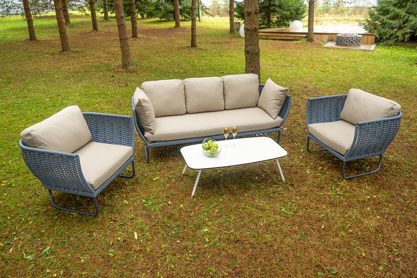 "Фиджи" лаунж-зона 5-местная плетеная из роупа (веревки), каркас алюминиевый темно-серый, роуп синий (KT18-014)