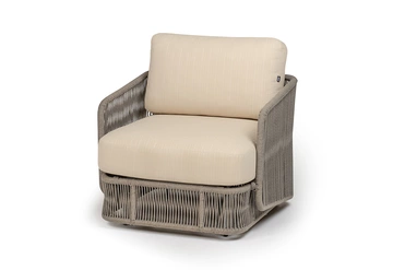 "Альбано" кресло плетеное из роупа, каркас алюминий светло-серый (RAL7035) муар, роуп серый меланж круглый, ткань Mossle светло-бежевая