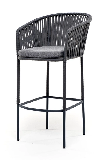 "Бордо" стул барный плетеный из роупа, каркас из стали серый (RAL7022) муар, роуп серый 15мм, ткань серая