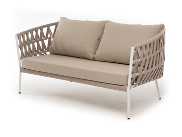 "Диого" диван 2-местный плетеный из роупа, каркас алюминий белый муар, роуп бежевый круглый, ткань бежевая 052