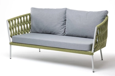 "Диого" диван 2-местный плетеный из роупа, каркас алюминий светло-серый (RAL7035) муар, роуп салатовый меланж круглый, ткань светло-серая