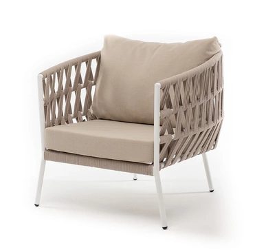 "Диого" кресло плетеное из роупа, каркас алюминий белый муар, роуп бежевый круглый, ткань бежевая 052