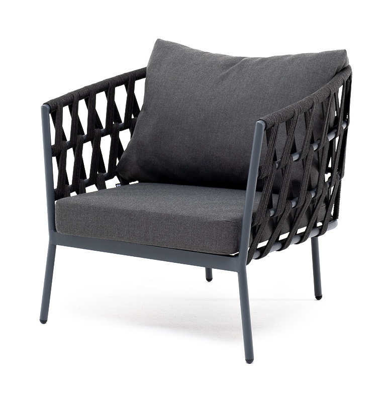 "Диего" кресло плетеное из роупа, каркас алюминий темно-серый (RAL7024) муар, роуп темно-серый круглый, ткань темно-серая 027