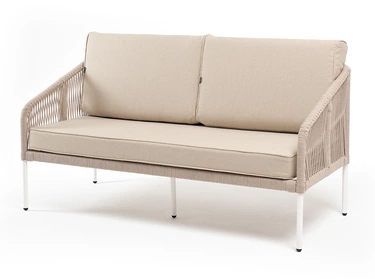 "Канны" диван 2-местный плетеный из роупа, каркас алюминий белый муар, роуп бежевый круглый, ткань бежевая 15052