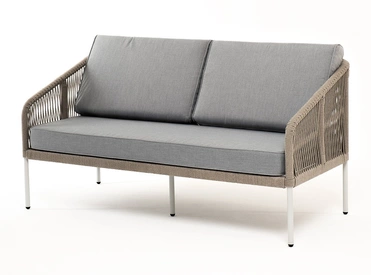 "Каннизо" диван 2-местный плетеный из роупа, каркас алюминий светло-серый (RAL7035) шагрень, роуп серый меланж круглый, ткань светло-серая