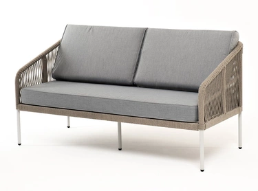 "Каннизо" диван 2-местный плетеный из роупа, каркас алюминий светло-серый (RAL7035) шагрень, роуп серый меланж круглый, ткань светло-серая