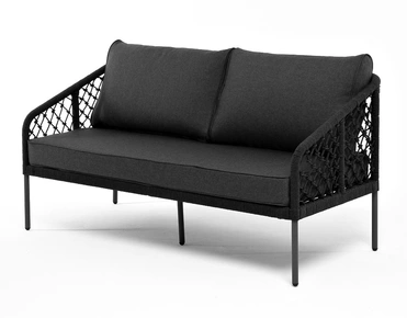 "Каннизо" диван 2-местный плетеный из роупа (узелки), каркас алюминий темно-серый (RAL7024) муар, роуп темно-серый круглый, ткань темно-серая 027