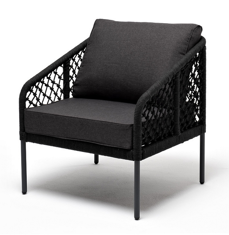 "Канны" кресло плетеное из роупа (узелки), каркас алюминий темно-серый (RAL7024) муар, роуп темно-серый круглый, ткань темно-серая 027