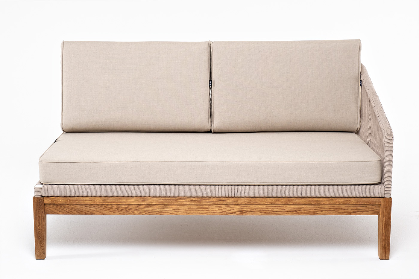 "Каннизо" левый модуль плетеный из роупа, основание дуб, роуп бежевый круглый, ткань бежевая 052