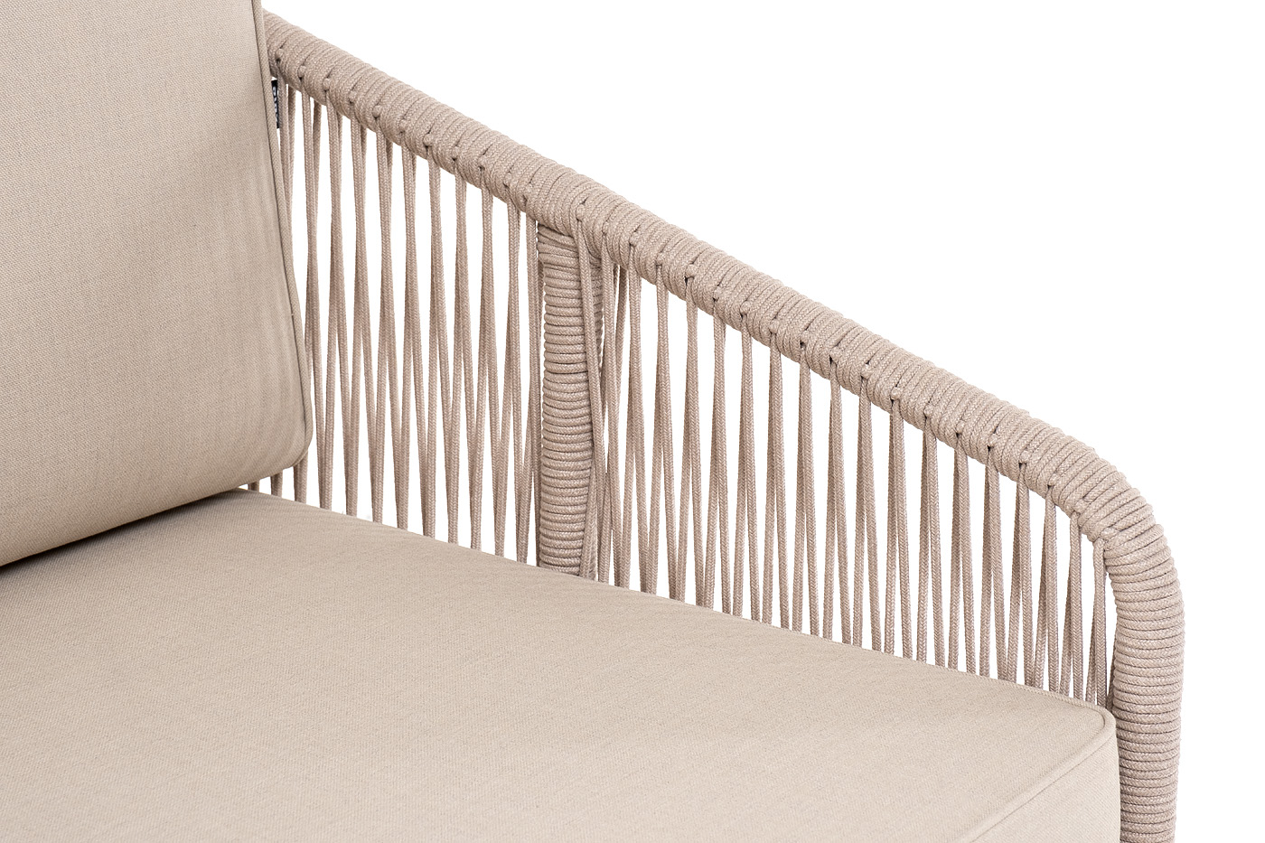 "Каннизо" левый модуль плетеный из роупа, основание дуб, роуп бежевый круглый, ткань бежевая 052