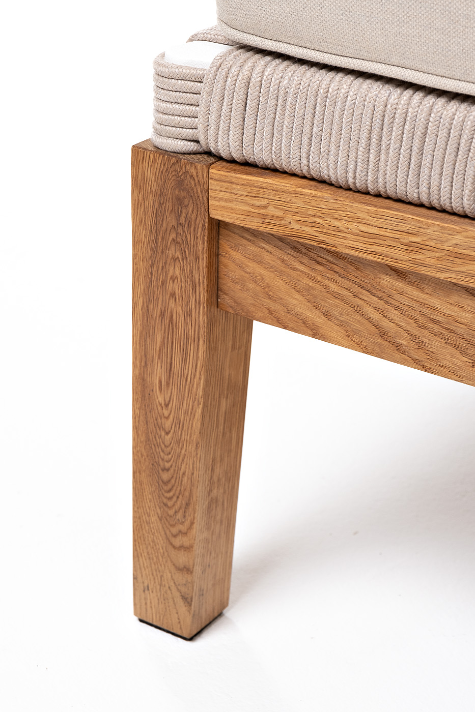 "Каннизо" левый модуль плетеный из роупа, основание дуб, роуп бежевый круглый, ткань бежевая 052