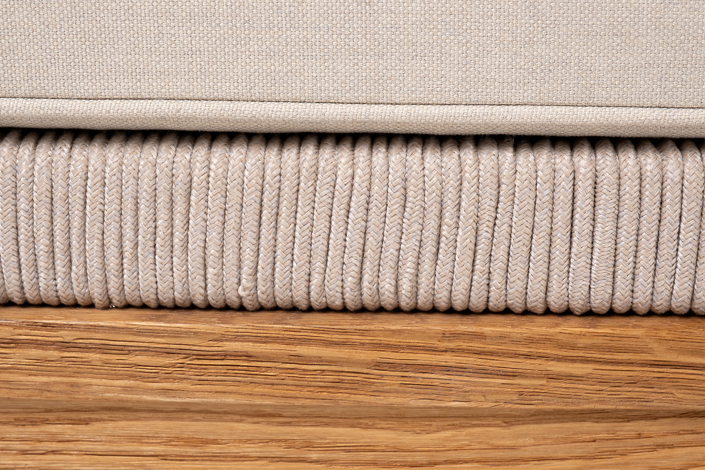 "Каннизо" левый модуль плетеный из роупа, основание дуб, роуп бежевый круглый, ткань бежевая 052