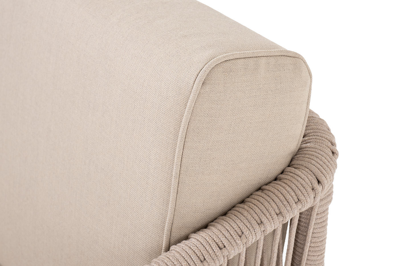 "Каннизо" левый модуль плетеный из роупа, основание дуб, роуп бежевый круглый, ткань бежевая 052