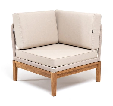 "Каннизо" угловой модуль плетеный из роупа, основание дуб, роуп бежевый круглый, ткань бежевая 052