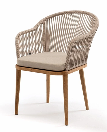 "Леонардо" стул плетеный из роупа, основание дуб, роуп бежевый круглый, ткань бежевая