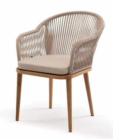 "Леонардо" стул плетеный из роупа, основание дуб, роуп бежевый круглый, ткань бежевая