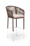 "Марцелло" стул барный плетеный из роупа, каркас из стали белый муар, роуп коричневый круглый, ткань бежевая 052