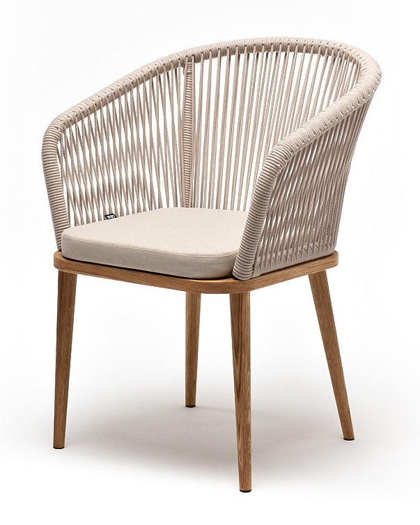 "Марсель" стул плетеный из роупа, основание дуб, роуп бежевый круглый, ткань бежевая 052