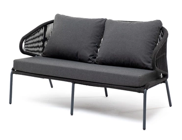 "Миленто" диван 2-местный плетеный из роупа, каркас алюминий темно-серый (RAL7024) муар, роуп темно-серый круглый, ткань темно-серая 027