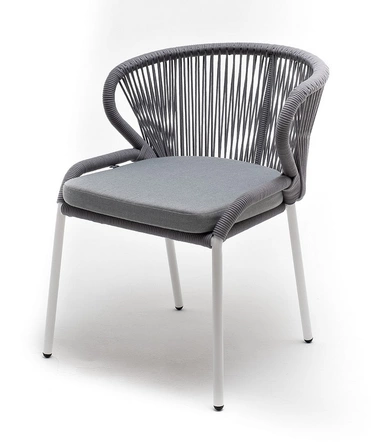 "Миленто" стул плетеный из роупа, каркас алюминий белый муар, роуп светло-серый круглый, ткань светло-серая
