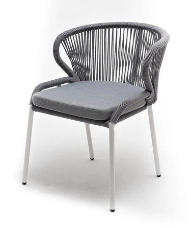 "Миленто" стул плетеный из роупа, каркас алюминий белый муар, роуп светло-серый круглый, ткань светло-серая