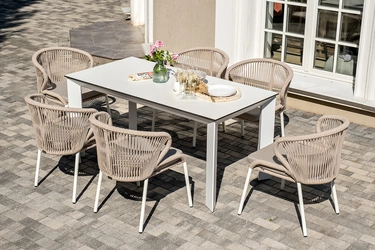 "Венецио" обеденная группа на 6 персон со стульями "Миленто", каркас белый, роуп бежевый
