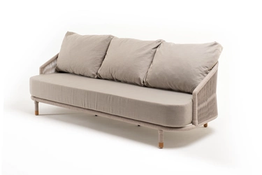 "Вероника" диван 3-местный плетеный из роупа, каркас алюминий белый муар, роуп бежевый круглый, ткань бежевая 052