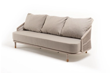 "Верона" диван 3-местный плетеный из роупа, каркас алюминий белый муар, роуп бежевый круглый, ткань бежевая 15052