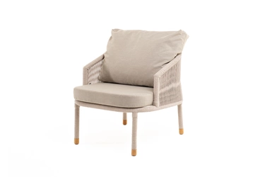 "Вероника" кресло плетеное из роупа, каркас алюминий белый муар, роуп бежевый круглый, ткань бежевая 052