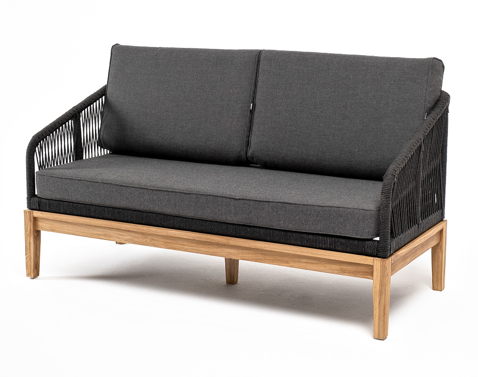 "Канны" диван 2-местный плетеный из роупа, основание дуб, роуп темно-серый круглый, ткань темно-серая 027