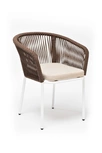 "Марцелло" стул плетеный из роупа, каркас алюминий белый муар, роуп коричневый круглый, ткань бежевая 052